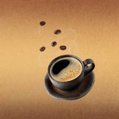 Vintage dark cup hot espresso coffee and beans flying isolated on textured grunge gradient brown background. Pastry shop or cafe card.