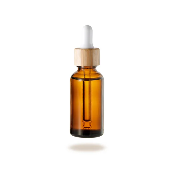 Glass Dropper Bottle Cover Bamboo Wood Face Serum Essential Oil — Stock Photo, Image