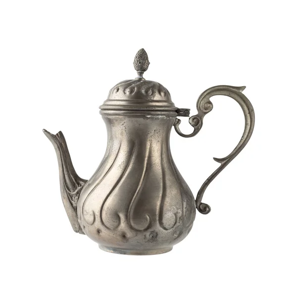 stock image Old grunge craft tin coffee pot isolated on white background. Antique pewter coffee pot.