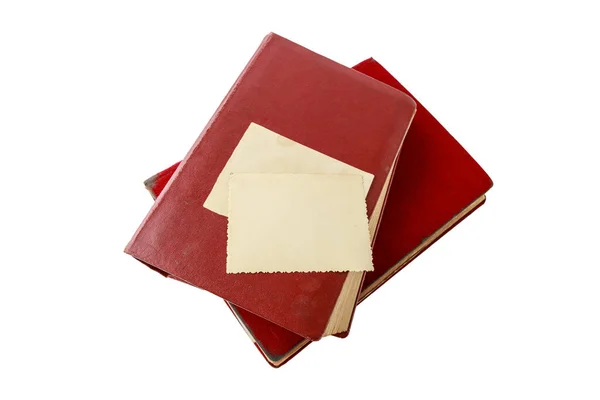 Cartão Foto Vintage Vazio Sobre Álbuns Retro Cobertos Vermelho Escuro — Fotografia de Stock