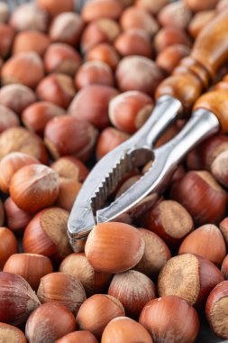 Masa üzerinde retro fındık kıracağı olan bir yığın fındık. Sığ alan derinliğine sahip seçici odak.