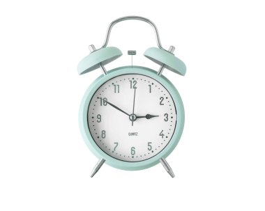 Mavi yeşil geçmişe dönük alarm saati beyaz arkaplanda izole edildi.