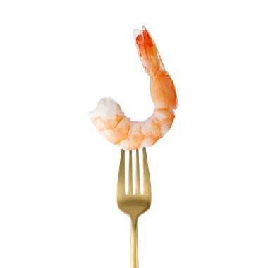 Beyaz arka planda izole edilmiş altın çatallı karides ya da karides.