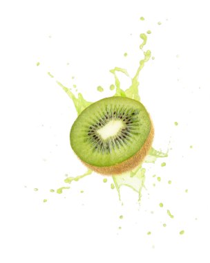 Taze taze kivili yeşil meyve dilimi, beyaz arka planda izole edilmiş damlalarla su sıçratarak uçuyor. Uçan meyveler.