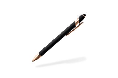 Siyah renkli kalem beyaz arka planda izole olarak uçuyor. Gölgeli metal tükenmez kalem. Taklit kalem.