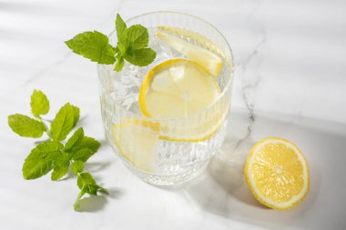 Soğuk içeceği limon dilimleri ve nane yapraklarıyla süslenmiş buz küpleriyle beyaz mermer masa arkasında çizgili camla tazeliyorum. Alkolik kokteyl ya da narenciye, yansıması ve gölgesi olan şeffaf bardakta içilir..