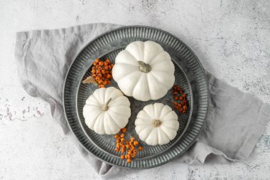 Küçük beyaz balkabakları, kurutulmuş piracantha üzümlü retro metal plaka, keten peçete ve grunge stone masa arkaplanı. Şenlikli sonbahar kompozisyonu. Eski usul Şükran Günü kartı.