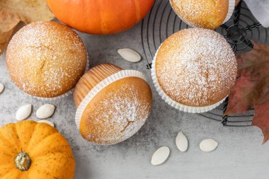 Taze pişmiş balkabaklı tarçınlı kek şekerli pudra üstten sonbahar tatlısı olarak görünüyor. Rafta tatlı kekler, balkabağı sebzeleri ve tohumlar, açık gri masa zemininde akçaağaç yaprakları.