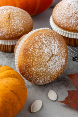 Taze pişmiş balkabağı tarçını bütün kek kreması şeker tozu sonbahar tatlısı gibi kapanıyor.. 