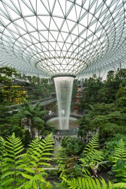 Singapur - 29 Ağustos 2023 Jewel Changi Havalimanı, Changi Havalimanı 'nın Singapur yolcu terminallerinden biriyle çevrili doğa temalı bir eğlence ve perakende tesisidir..