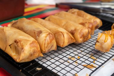 Kızarmış tavuklu börek, üstüne peynir sosu..