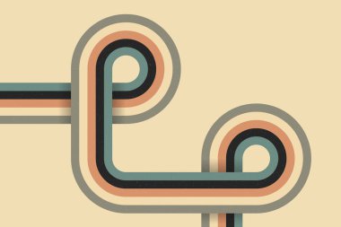 Bej arka planda geriye dönük renkli kıvrımlı çizgiler. Soyut disko doğrusal çizim tasarımı