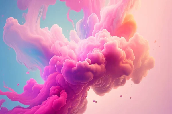 摘要彩色梯度油墨在水滴运动中的三维图解 淡淡的云彩衬托着幻想的风格 — 图库照片