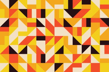 Sarı, siyah, kırmızı ve beyaz renkli geometrik dikişsiz desenlerin canlı bir karışımı. Parlak geometri iz sürme soyut arkaplan. Renkli üçgen mozaik fayans arkaplanı