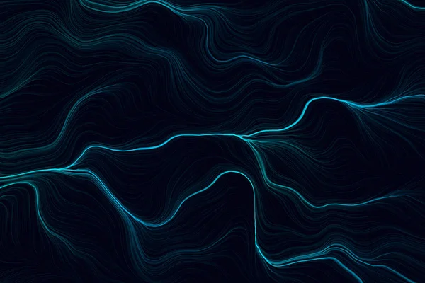 深蓝色霓虹灯梯度技术粒子流动背景 面向未来的波纹三维图解 — 图库照片