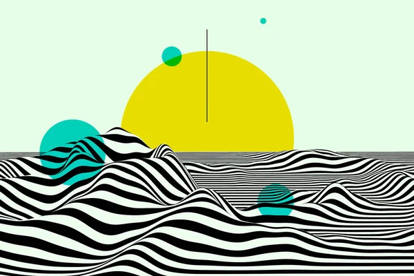 Abstract sunset 3d illustration. Wide sea horizon with striped waves. Monochrome wavy surface. Black and white curved lines background design