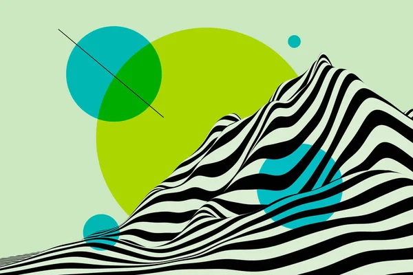 現代のレトロな縞模様の山と緑の太陽の風景の背景 要旨黒と白の波3Dイラスト — ストック写真