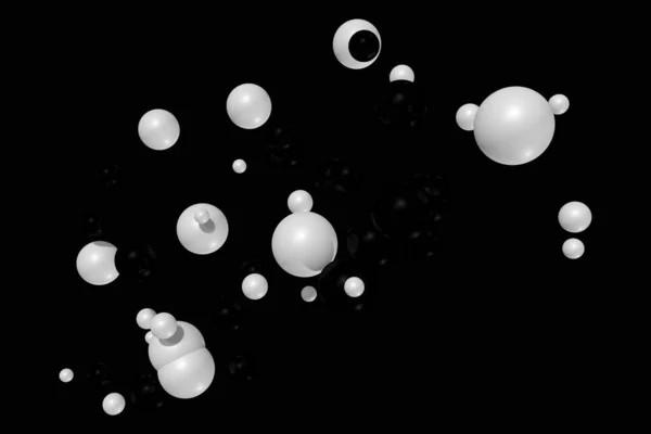 Abstrakcyjna Dekoracyjna Ilustracja Monochromatycznych Losowych Kulek Czarnym Tle Renderowanie Abstrakcyjne — Zdjęcie stockowe