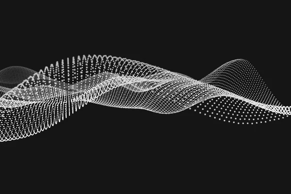 ビッグデータ3Dイラスト ブラー効果のある黒の背景にダイナミックな未来的な白い点線の波 — ストック写真