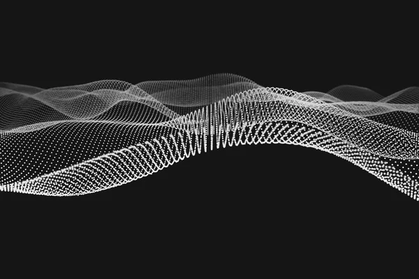 黒の背景に滑らかな粒子波 ハイテク未来3Dレンダリング — ストック写真