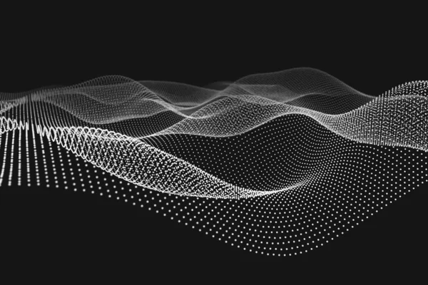 ビッグデータ技術は3Dイラストを点線で示しています 動的粒子は 科学と未来的なスタイルでランダムに背景デザインの概念を移動します — ストック写真