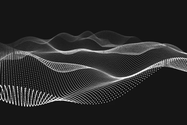 抽象科学技術3Dレンダリング ブラー効果のある黒の背景に白い粒子波状メッシュ — ストック写真