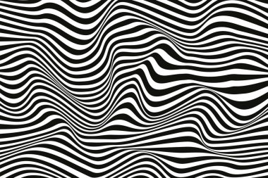 Pürüzsüz çizgili dalga arka planı. Siyah ve beyaz dalgalı çizgiler yüzeye çıkıyor. Dijital geometrik desen tasarımı