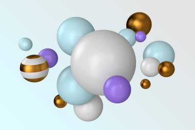 Soyut renkli baloncuklar çizimi. Beyaz, altın, mor, mavi ve altın çizgili yuvarlak küreler. Açık mavi arkaplanda farklı boyutlarda 3D top sektirme hareketi