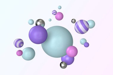 Düzensiz dinamik toplar arka planı şekillendirir. Gerçekçi dinamik 3D çizim. Mor, çizgili ve gümüş renkli küreler rastgele hareket ediyor.