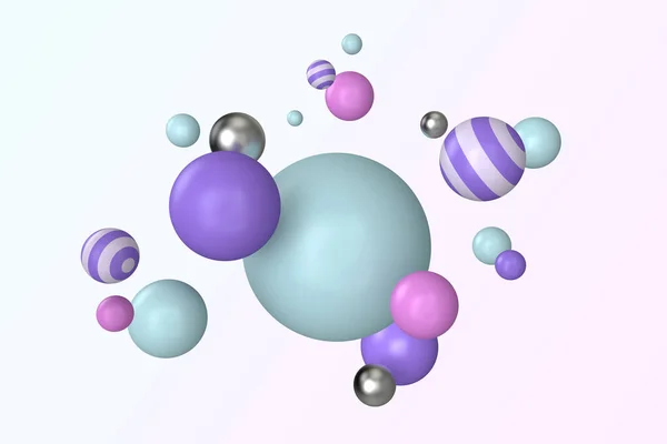 stock image Irregular dynamic balls shape the background. Realistic dynamic 3D illustration. Purple, stripe, and silver glossy spheres moving randomly