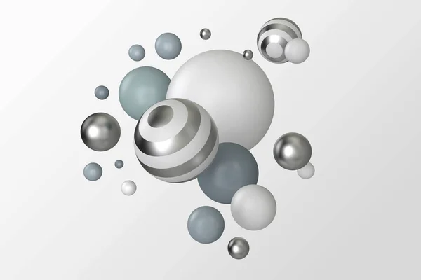 Grey and silver striped balls have random compositions. Abstract realistic 3d illustration with organic toy spheres on white background