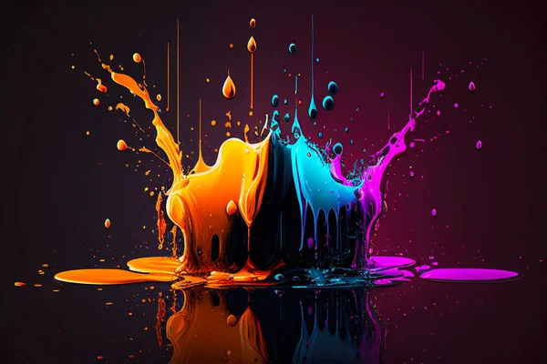鮮やかなオレンジ 紫のグラデーションのスプラッタ3Dイラスト 背景の暗さを反映したダイナミックな塗装スプラッシュ — ストック写真