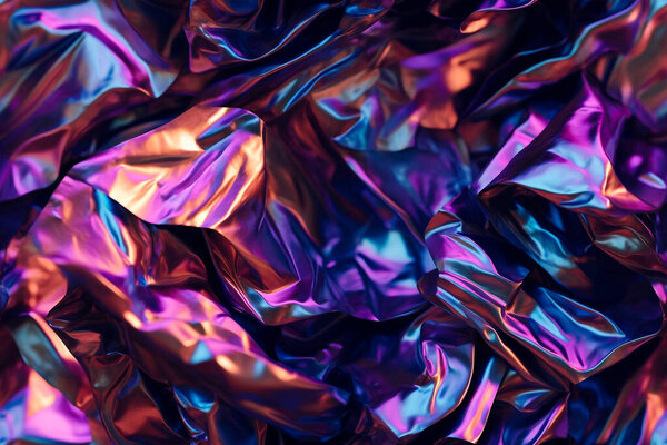 Vivid iridescent crumpled foil seamless texture background design for a creative project. Abstract tileable 3d illustration