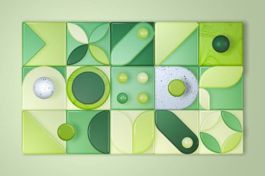 Farklı yuvarlak şekillere sahip geometrik mozaik mozaik desen, yarı daire elementleri, noktalar resimler ve projeleriniz için 3d gösterimi