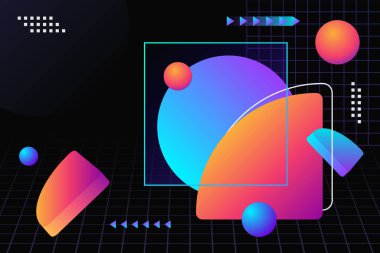 Ağ örgüsü, oklar ve teknolojik fütüristik tarzdaki dekoratif elementlerle soyut neon sıvısı gradyan geometrik şekillerin soyut arkaplan bileşimi