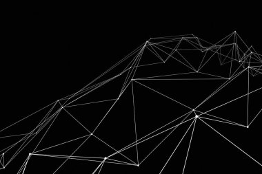 Siyah zemin üzerinde çizgileri ve çokgenleri olan gelecekçi düşük polimer yapısı