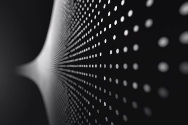 Işıklandırılmış noktaların köşegen dizilimine sahip teknoloji arkaplanı bulanık siyah bir arkaplanda kayboluyor, derinlik duygusu ile bir bokeh etkisi yaratıyor