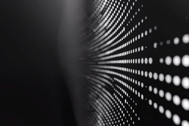 Koyu bir arkaplanda birleşen çizgilere göre düzenlenmiş beyaz noktaların perspektif görünümü 3 boyutlu bir tünel etkisi yaratır