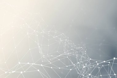 Puslu bir zemin üzerinde çokgenler oluşturan birbirine bağlı beyaz noktalar ve çizgilerle gelecekçi bir ağ görüntüsü
