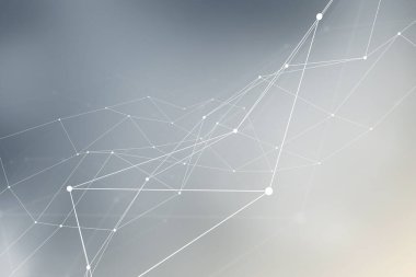 Veri ağı temaları için uygun, birbirine bağlı noktalar ve çokgen çizgilerden oluşan karmaşık bir yapıya sahip bir teknolojik ağın soyut bir arka planı