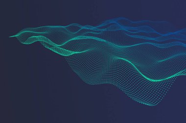 Görsel olarak büyüleyici bir siber arkaplan parlak parçacıkların dalgalanan dalgaları, koyu mavi bir ortamda kusursuz bir şekilde harmanlanarak gelişmiş dijital ağları sembolize ediyor.