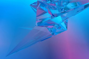 Düşük polimerli kristallerin 3 boyutlu arka planı kırılma efektiyle, mavi ve mor tonlarını birleştirerek geometrik ve yanardöner bir estetik oluşturur.