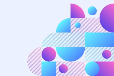 Daireler ve düz kenarları mor ve mavi renklerle birleştiren geometrik formların çekici bileşimi, dinamik bir etki için ayrıntılı çizgi desenleriyle vurgulanmış.