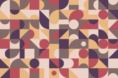 Burgonya, hardal ve kremadan oluşan sıcak bir palette daireler ve kareler şeklinde geriye dönük geometrik desenler.