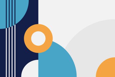 Donanma mavisi gökyüzünde cesur geometrik şekillere sahip modern bir soyut tasarım. Modaya uygun arka planlar ve dinamik ağ düzeni için mavi turuncu ve beyaz ideal.