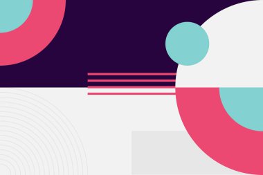 Yaratıcı tasarım projeleri için üst üste binen daireler ve mor ve beyaz renkte doğrusal elementlerle canlı ve soyut bir kompozisyon