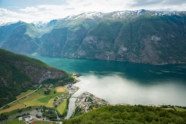 View Stegastein Viewpoint Picturesque Town Flam Flomsdalen Valley Aurlandsfjord Norway — Stock Photo, Image