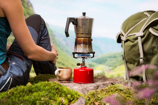 Cooking Making Coffee Tea Portable Camping Gas Burner Red Gas — Stock Photo, Image
