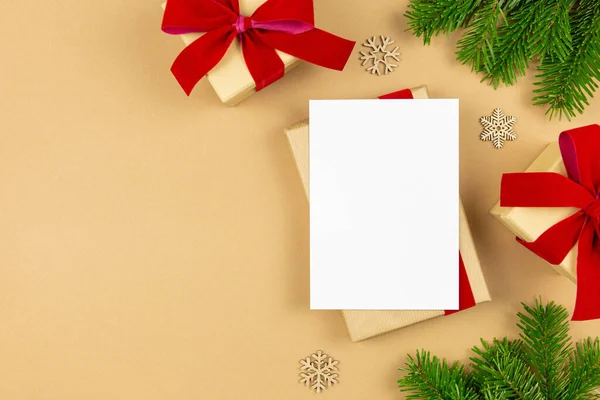 Christmas Greeting Card Mockup Wrapped Gift Boxes Red Ribbon Christmas — Stock Photo, Image