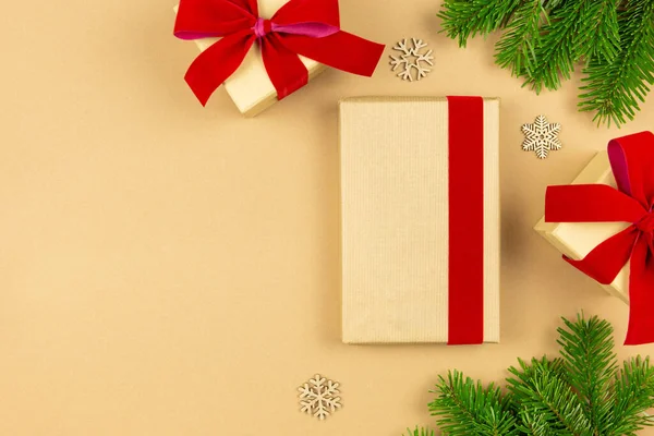 Christmas Wrapped Vintage Gift Box Mockup Red Ribbon Decoration Christmas — Stock Photo, Image
